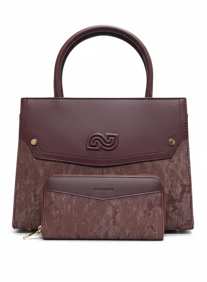 FUMES Wine-Red Women’s Satchel Handbag with Matching Small Wallet – Structured Design, Solid Textured Finish, Elegant Office & Daily Carry Bag - Image 3